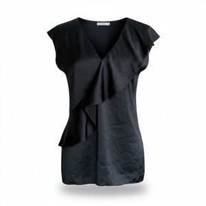 Theory Women's Black Ruffle V-Neck Top Size Satin Blouse Small